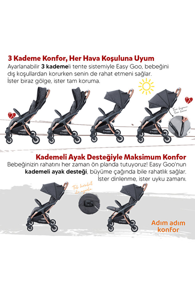 Huggy Easy Go Kabin Boy Hafif ve Portatif Otomatik Katlanır Bebek Arabası Gri görsel 5