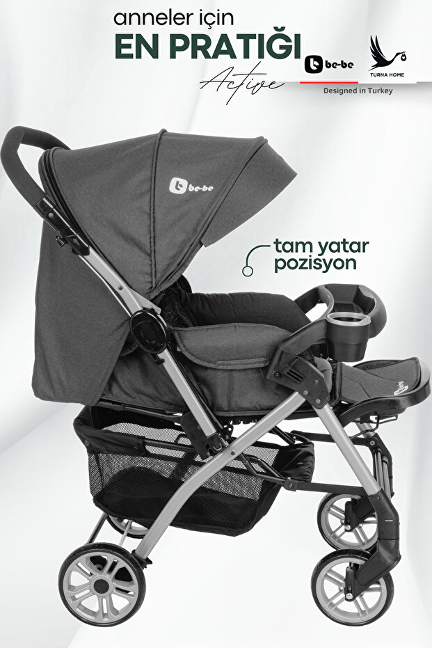4 Baby Be-be Turnahome Active Çift Yönlü Tam Yatış Pozisyonlu Pratik Katlanır Mama Tablalı Bebek Arabası görsel 2