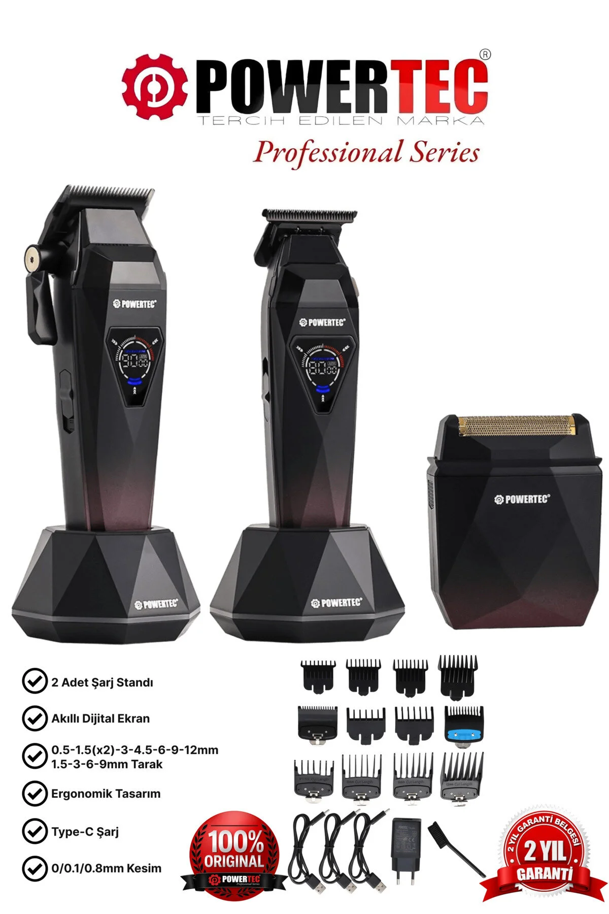 Powertec TR-5800 Saç-Sakal-Ense-Günlük Tıraş Makinesi 3'lü Set (0.5mm Taraklı)