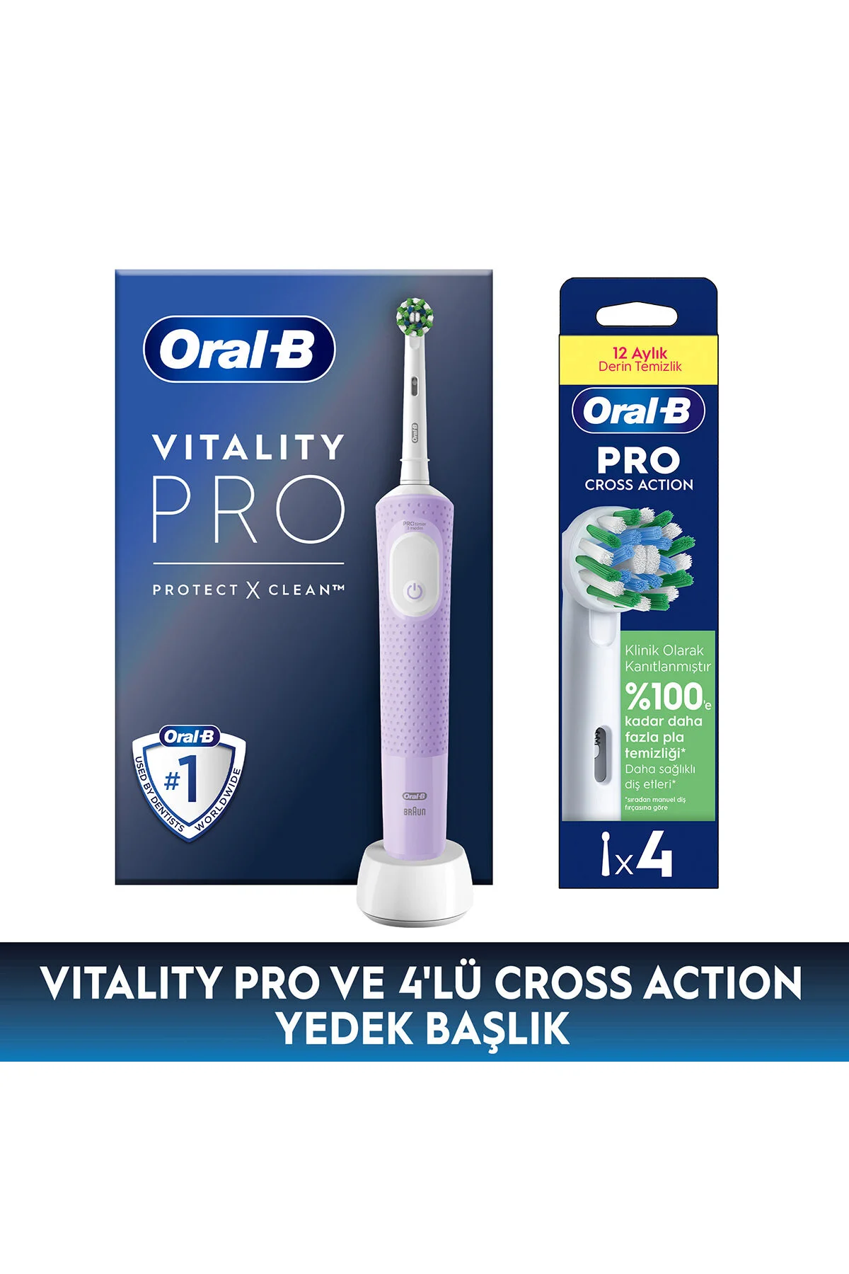 Oral-B Şarjlı/Elektrikli Diş Fırçası Vitality Pro Lila Yedek Başlığı Cross Action X-Filament x 4