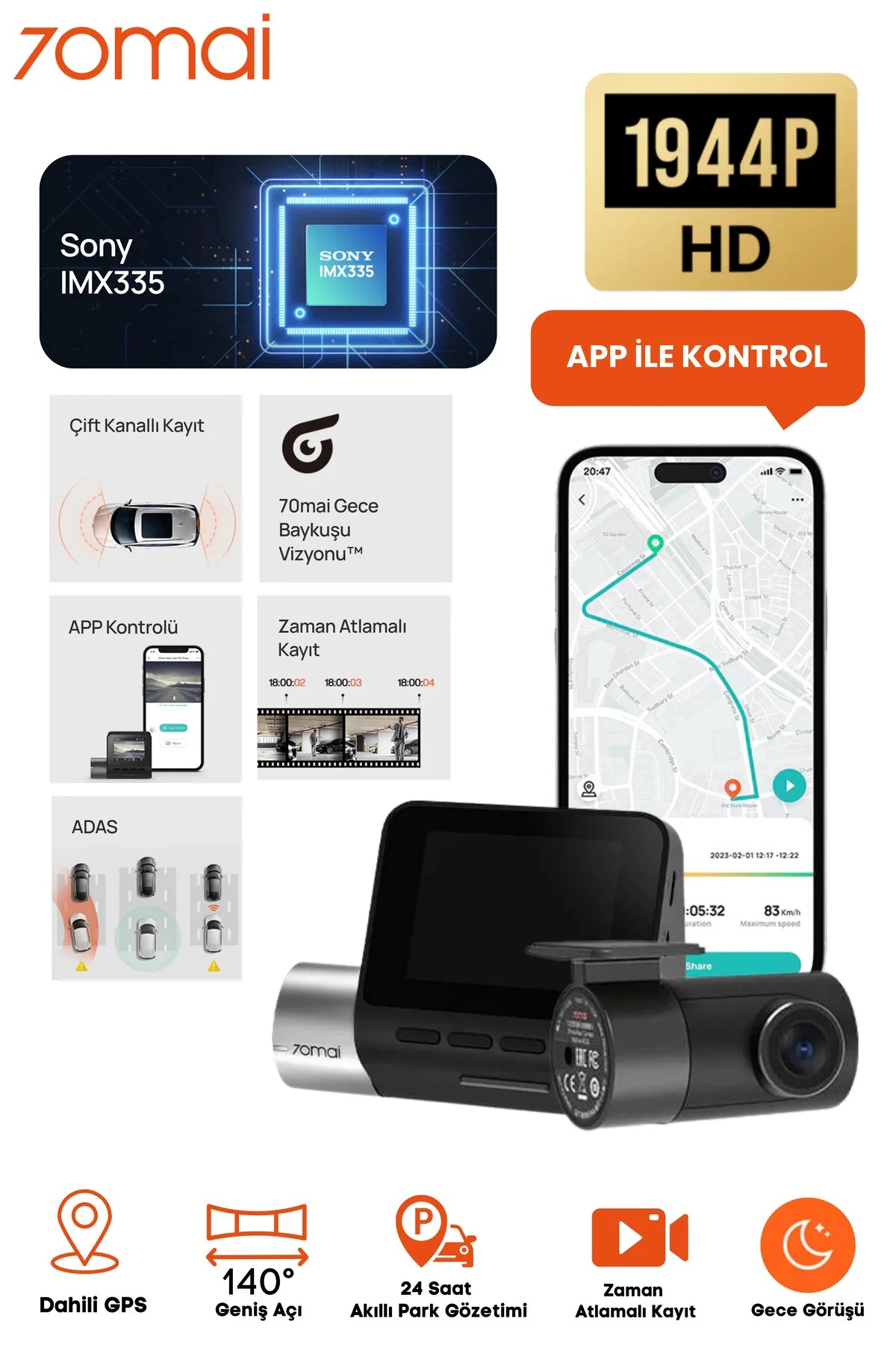 70MAİ 70mai Dash Cam A500s Pro Plus Arka Kamera Rc06 Set
