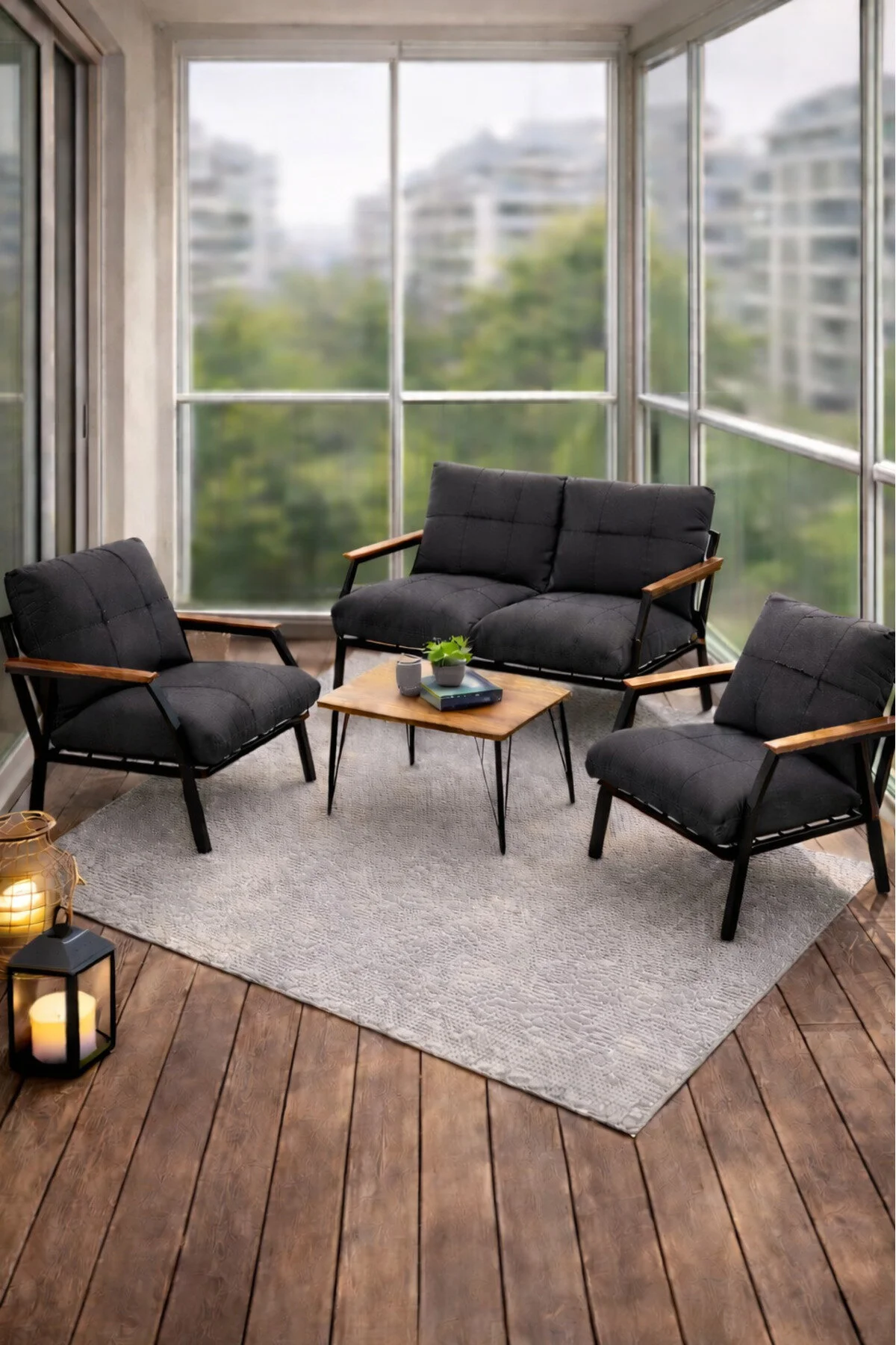UFUK HOME Bahçe Mobilyası 2 1 1 Miray Bahçe Takımı Metal Sehpalı Balkon Takımı Çay Seti Nn211